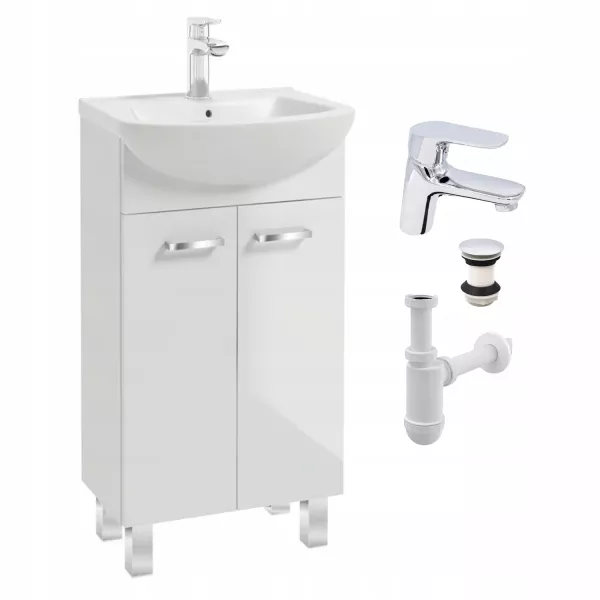 Szafka Łazienkowa z Umywalką Stojąca 45 Biała Połysk + Bateria Sigma Chrom 570217