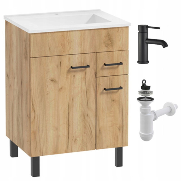 Szafka Łazienkowa z Umywalką Stojąca 60 cm Dąb Craft Złoty Bateria Czarna 1056916