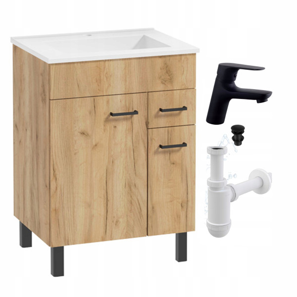 Szafka Łazienkowa z Umywalką Stojąca 60 Dąb Craft Złoty Bateria Czarna Sig 602794