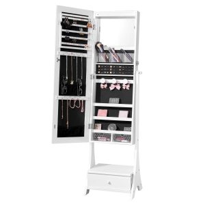 Szafka na biżuterię z lustrem LED, stojąca, zamykana, biała, szuflada 806796 Szafka na biżuterię z lustrem LED, stojąca, zamykana, biała, szuflada 806796