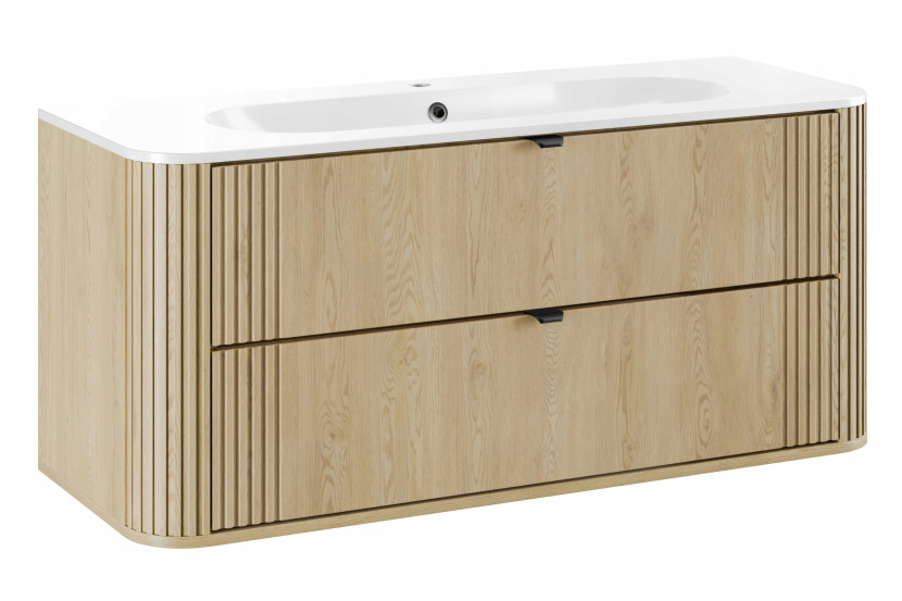 Szafka OVALIA 120 cm Dąb Cremona ryflowana umywalka PURE czarne uchwyty 739221