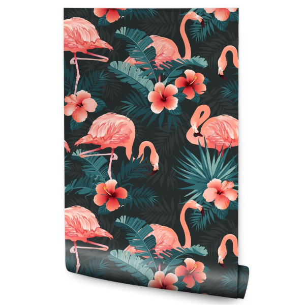 Tapeta Do Salonu FLAMINGI Różowe Kwiaty Liście 3D 246175