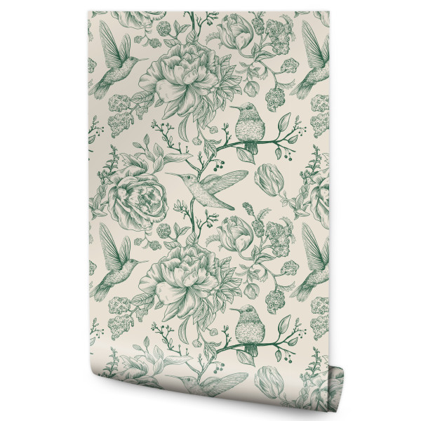 Tapeta Kolibry Pośród Piwonii W Stylu Retro 212714